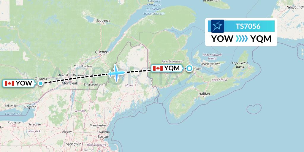 TS7056 Air Transat Flight Map: Ottawa to Moncton