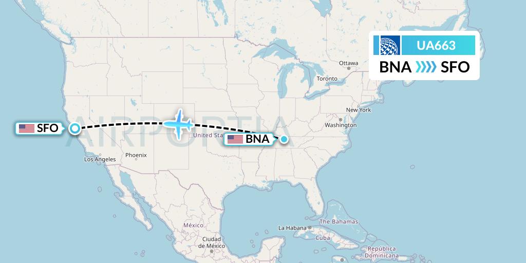 UA663 United Airlines Flight Map: Nashville to San Francisco