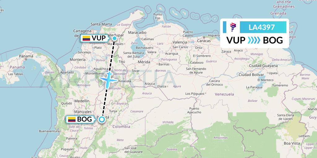 LA4397 LAN Airlines Flight Map: Valledupar to Bogota