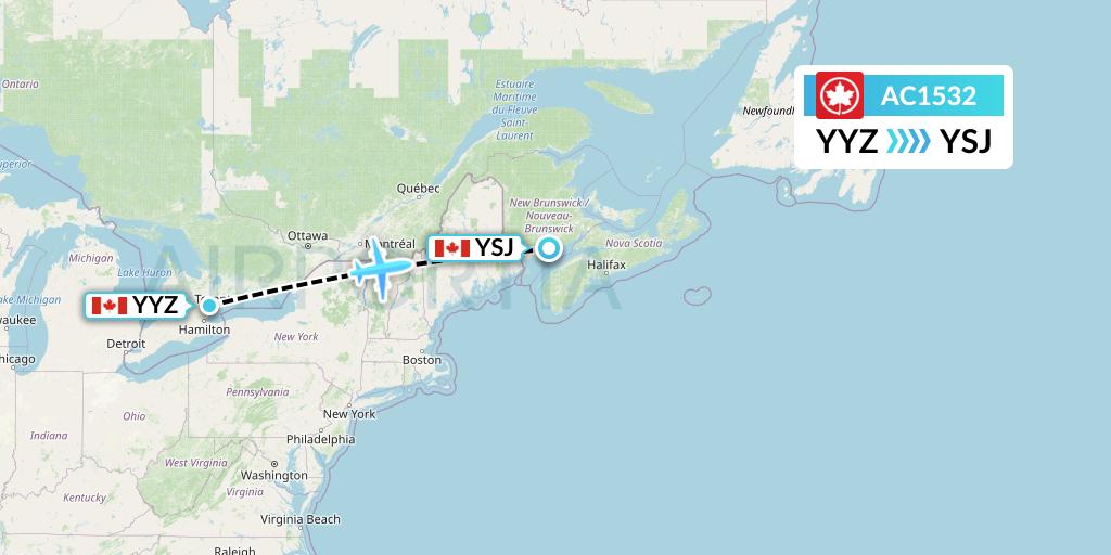 AC1532 Air Canada Flight Map: Toronto to Saint John