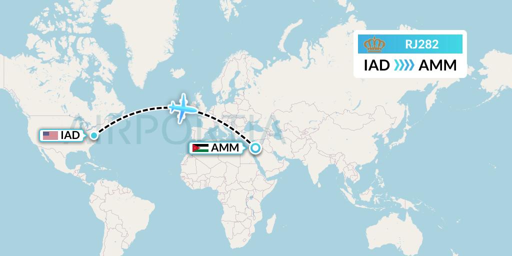 RJ282 Royal Jordanian Flight Map: Washington to Amman