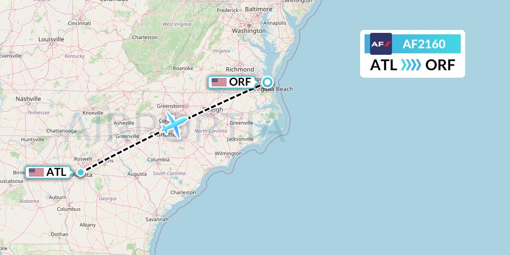 AF2160 Air France Flight Map: Atlanta to Norfolk