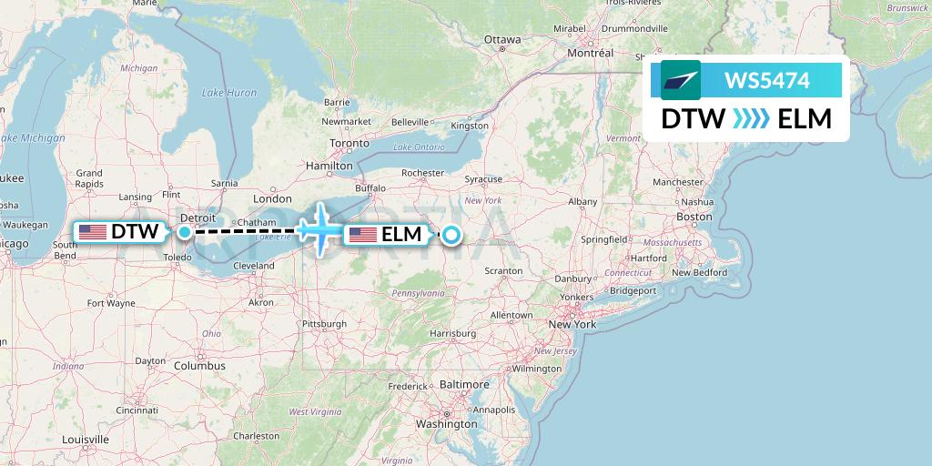 WS5474 WestJet Flight Map: Detroit to Elmira