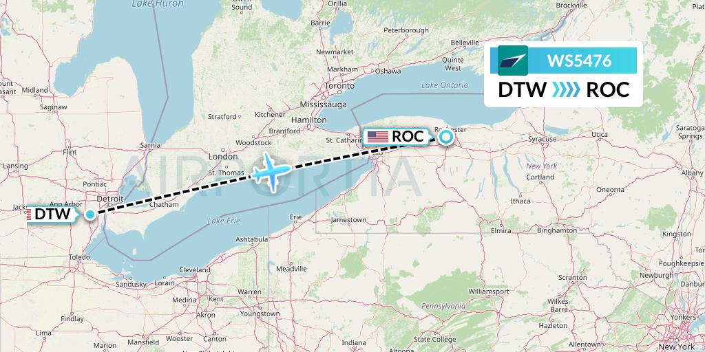 WS5476 WestJet Flight Map: Detroit to Rochester