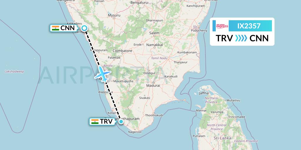 IX2357 Air India Express Flight Map: Thiruvananthapuram to Mattannur