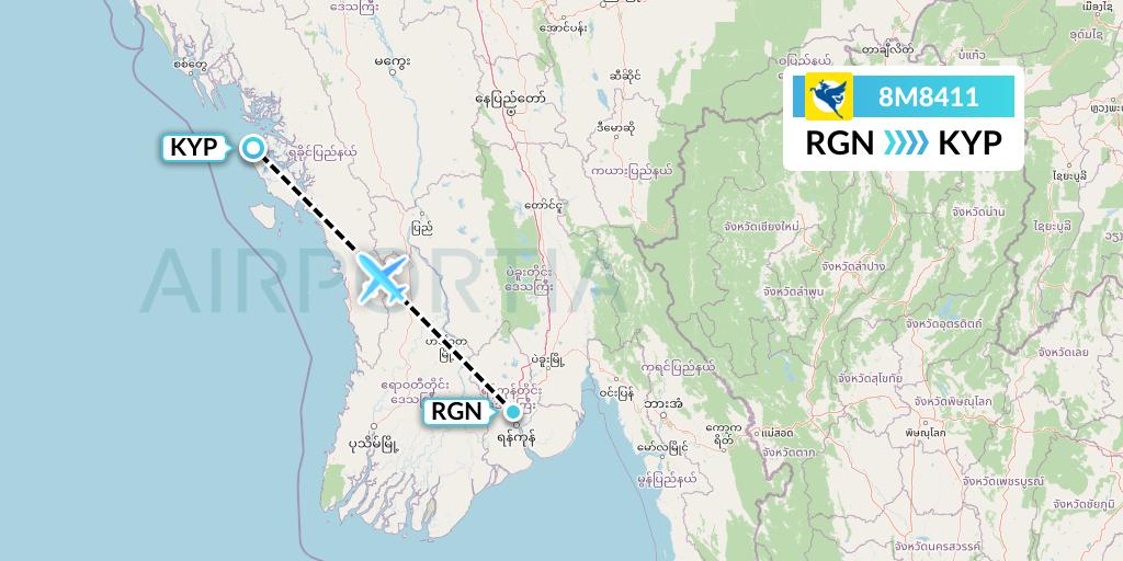 8M8411 Myanmar Airways International Flight Map: Yangon to Kyaukpyu
