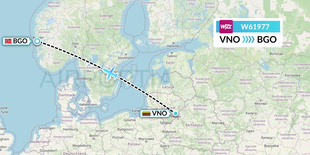 W61977 Wizz Air Flight Map: Vilnius to Bergen