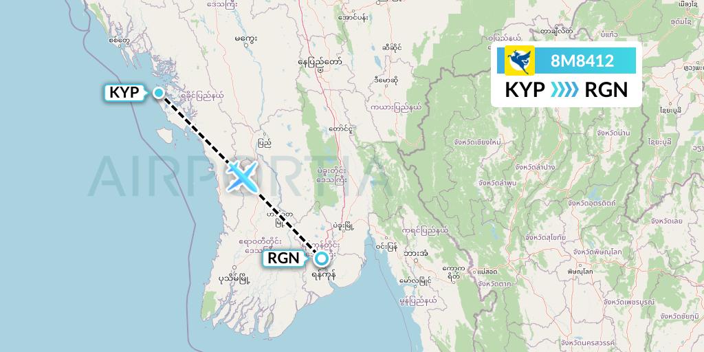 8M8412 Myanmar Airways International Flight Map: Kyaukpyu to Yangon