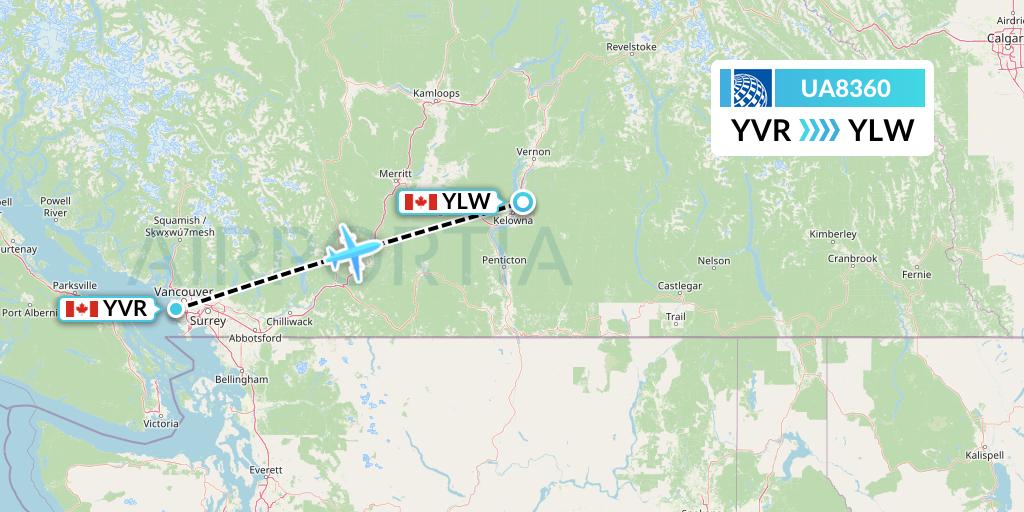 UA8360 United Airlines Flight Map: Vancouver to Kelowna