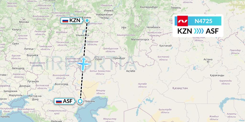 N4725 Nordwind Airlines Flight Map: Kazan to Astrakhan