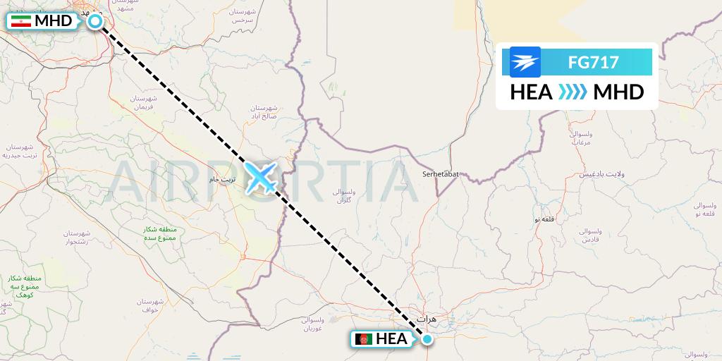 FG717 Ariana Afghan Airlines Flight Map: Herat to Mashhad