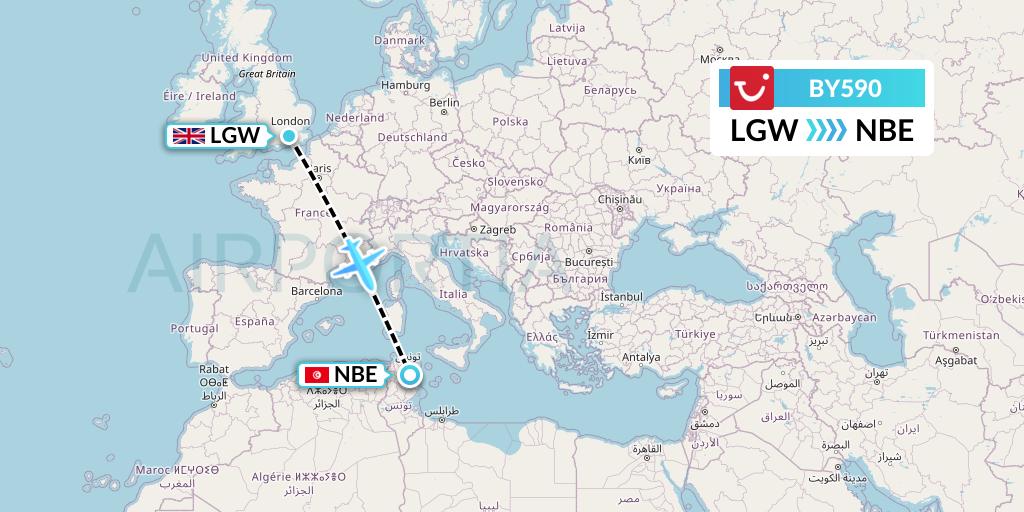 BY590 TUI Airways Flight Map: London to Enfidha