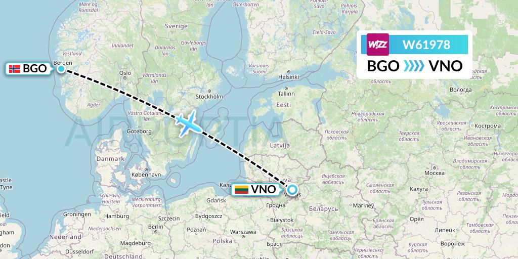 W61978 Wizz Air Flight Map: Bergen to Vilnius