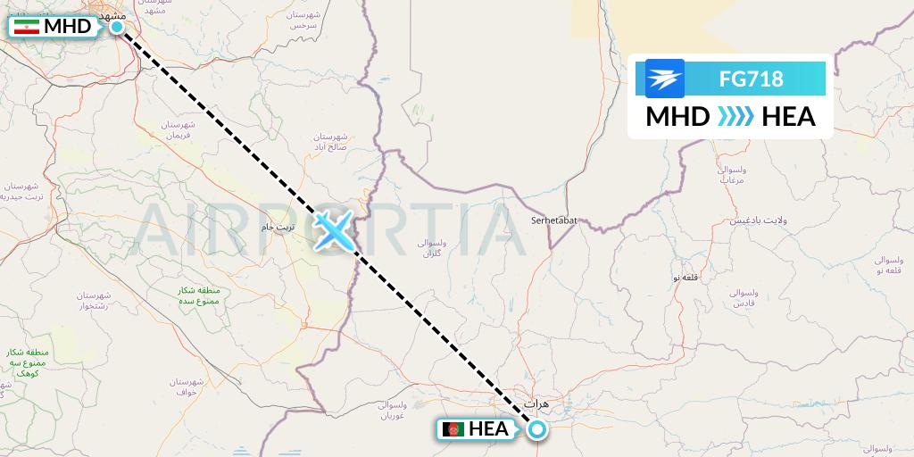FG718 Ariana Afghan Airlines Flight Map: Mashhad to Herat