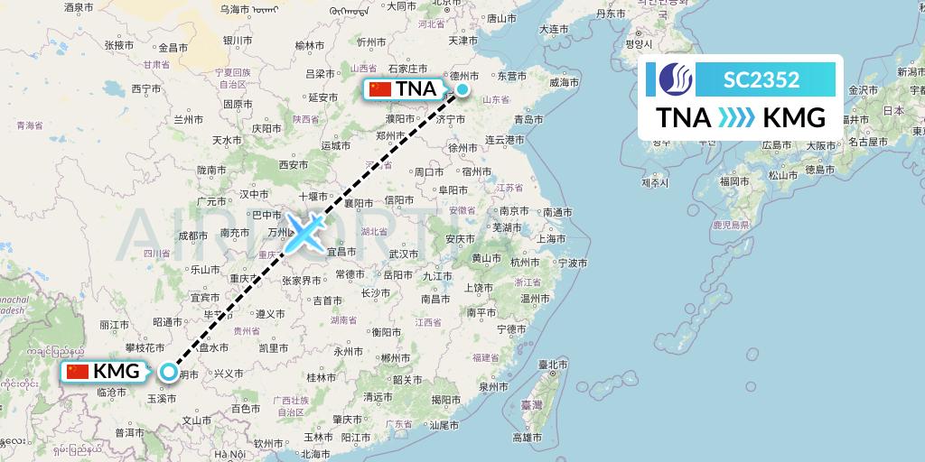 SC2352 Shandong Airlines Flight Map: Jinan to Kunming