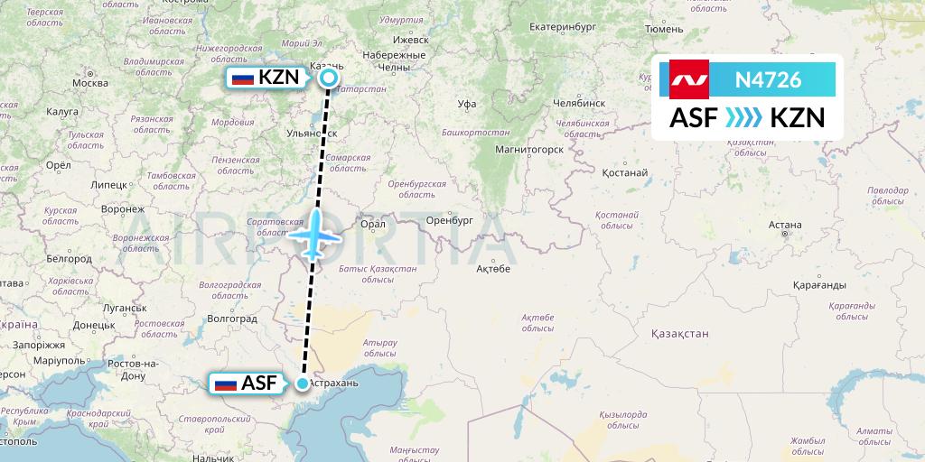 N4726 Nordwind Airlines Flight Map: Astrakhan to Kazan
