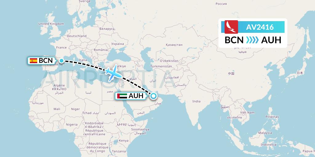 AV2416 Avianca Flight Map: Barcelona to Abu Dhabi