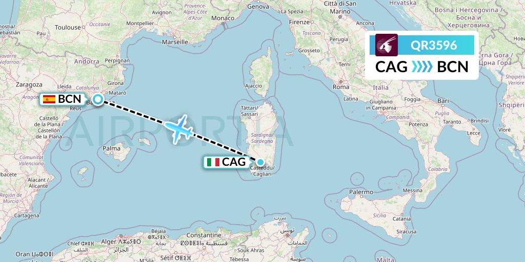 QR3596 Qatar Airways Flight Map: Cagliari to Barcelona