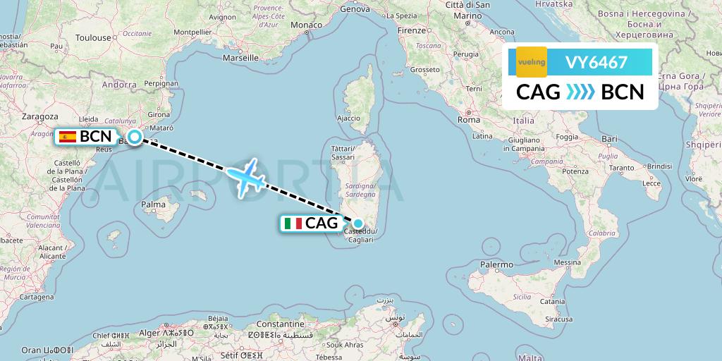 VY6467 Vueling Flight Map: Cagliari to Barcelona