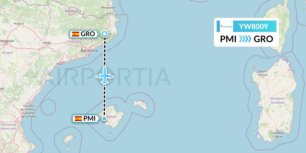 YW8009 Air Nostrum Flight Map: Palma de Mallorca to Girona
