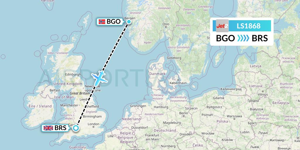 LS1868 Jet2 Flight Map: Bergen to Bristol