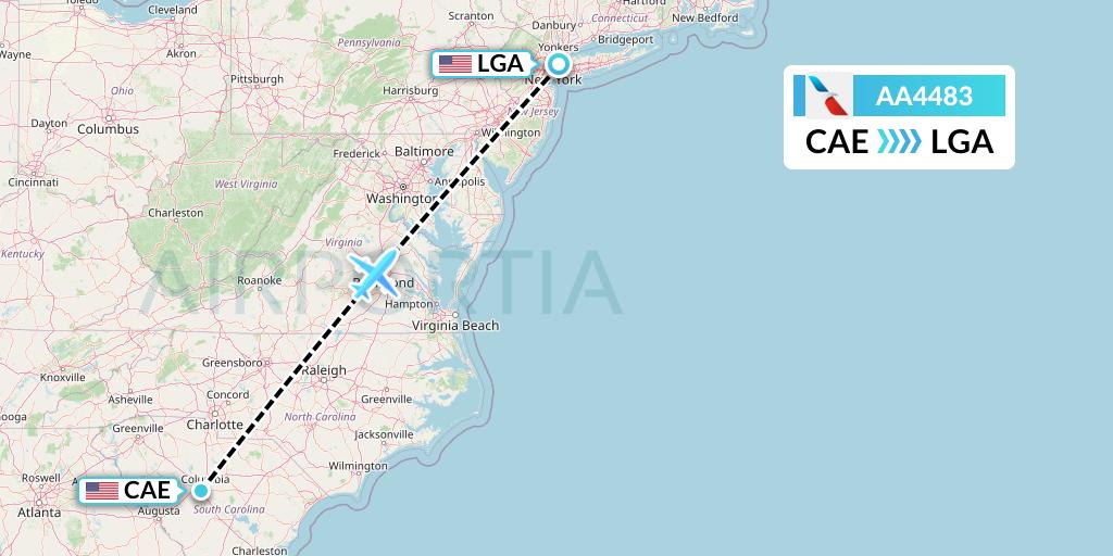 AA4483 American Airlines Flight Map: Columbia to New York
