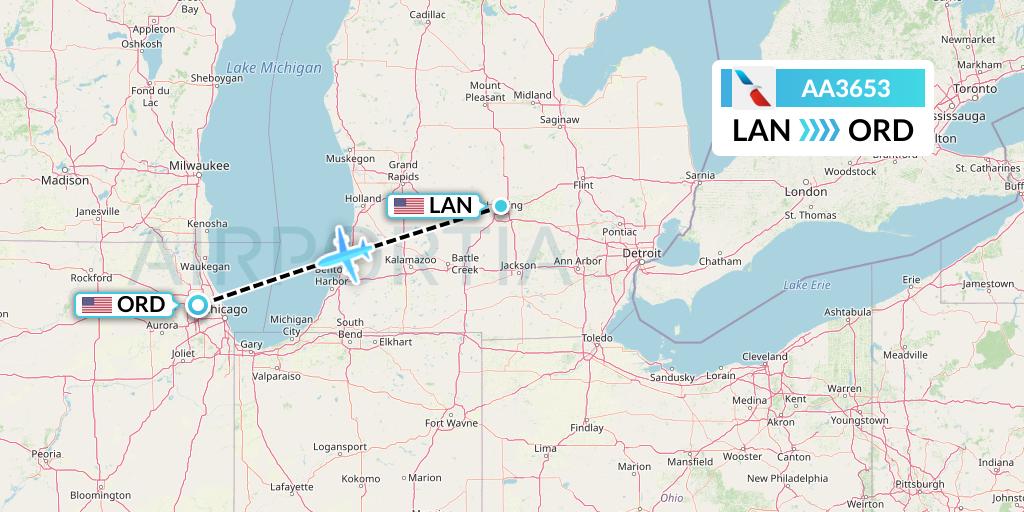 AA3653 American Airlines Flight Map: Lansing to Chicago