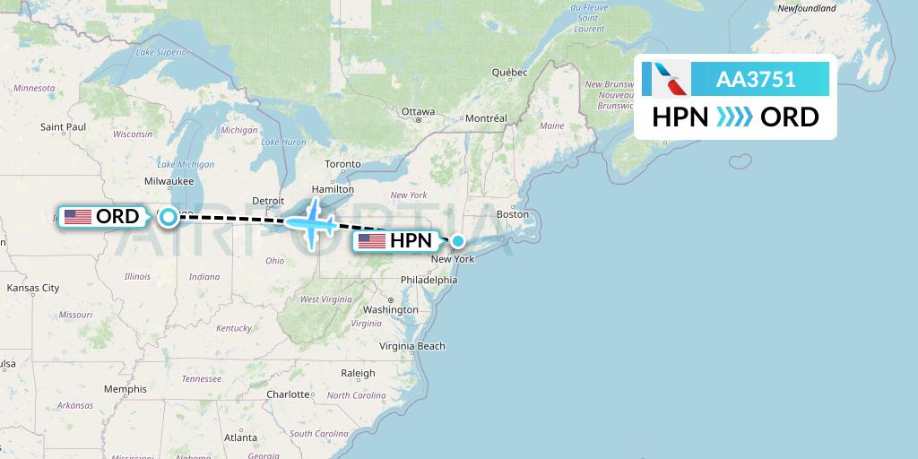 AA3751 American Airlines Flight Map: White Plains to Chicago