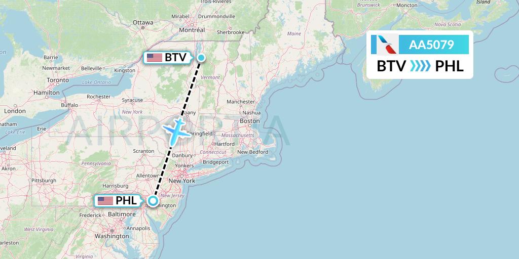 AA5079 American Airlines Flight Map: Burlington to Philadelphia