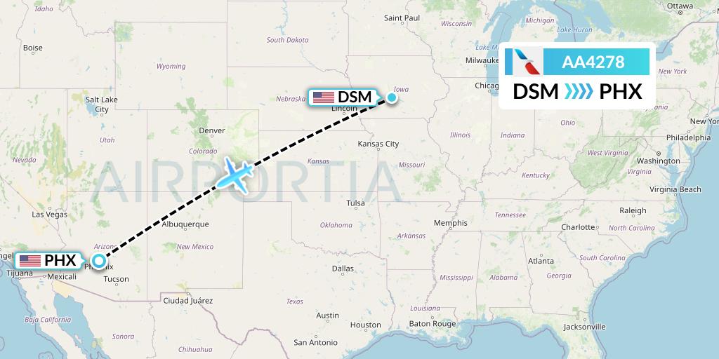 AA4278 American Airlines Flight Map: Des Moines to Phoenix