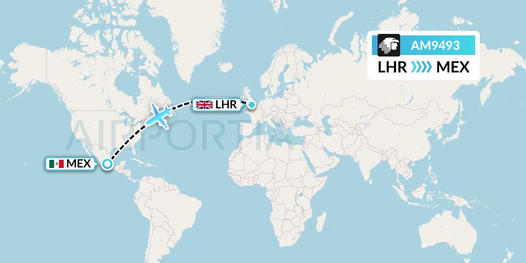AM9493 Aeromexico Flight Map: London to Mexico City