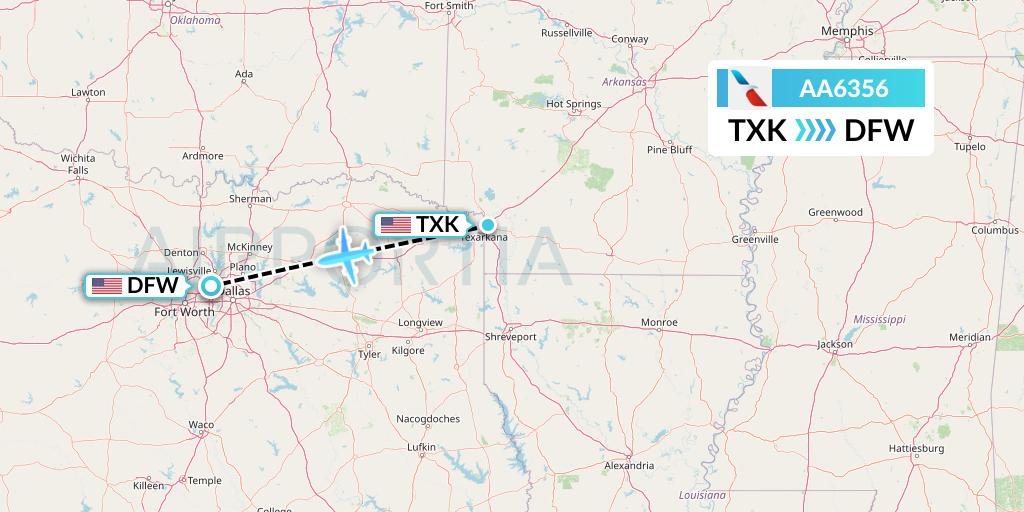 AA6356 American Airlines Flight Map: Texarkana to Dallas