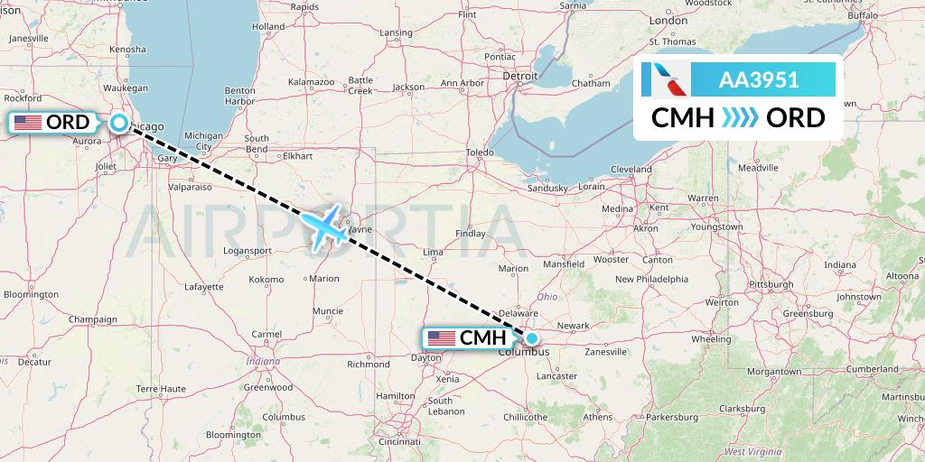AA3951 American Airlines Flight Map: Columbus to Chicago