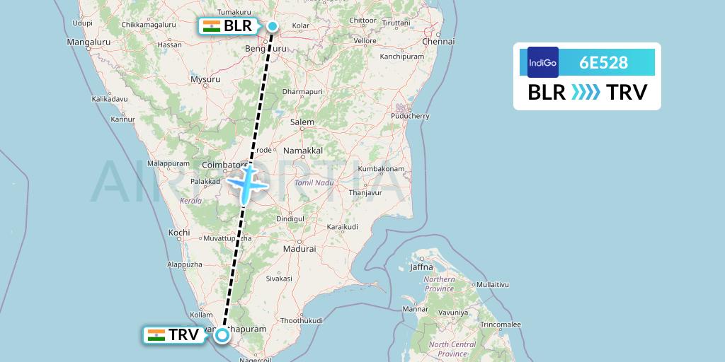 6E528 IndiGo Airlines Flight Map: Bangalore to Thiruvananthapuram