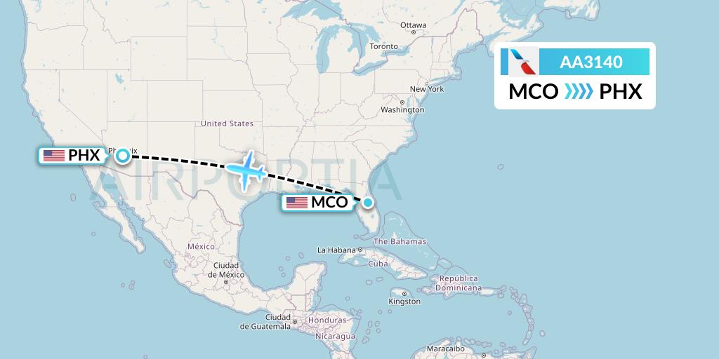 AA3140 American Airlines Flight Map: Orlando to Phoenix