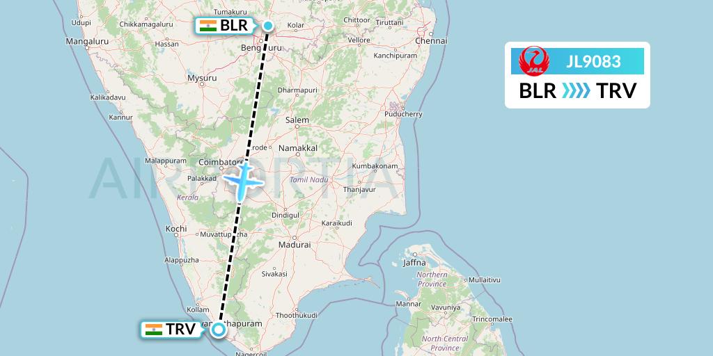 JL9083 Japan Airlines Flight Map: Bangalore to Thiruvananthapuram