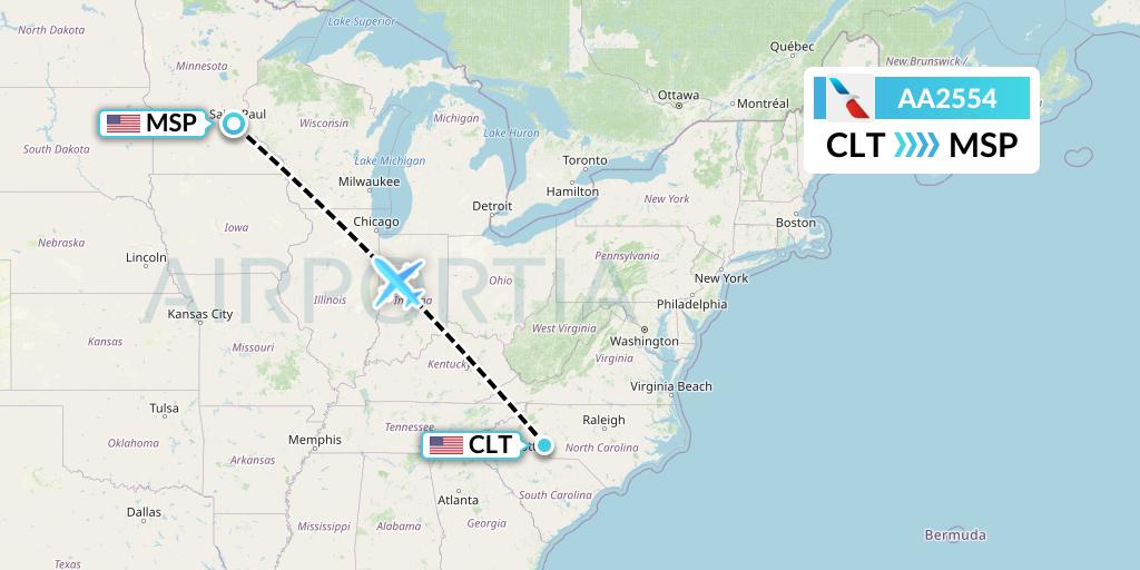 AA2554 American Airlines Flight Map: Charlotte to Minneapolis