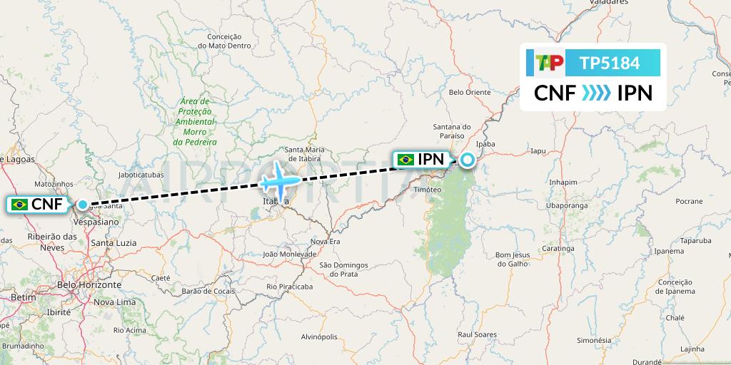 TP5184 TAP Portugal Flight Map: Belo Horizonte to Ipatinga