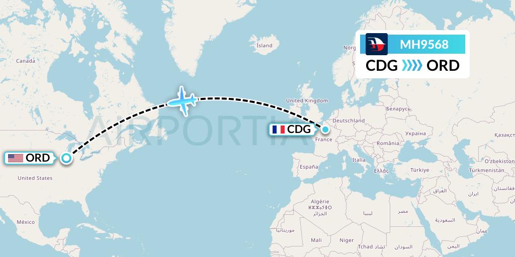 MH9568 Malaysia Airlines Flight Map: Paris to Chicago