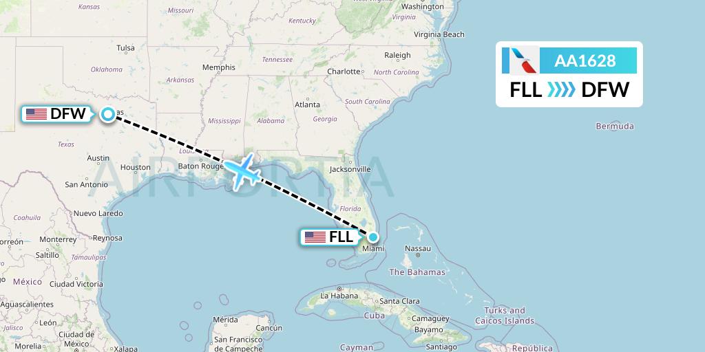 AA1628 American Airlines Flight Map: Fort Lauderdale to Dallas