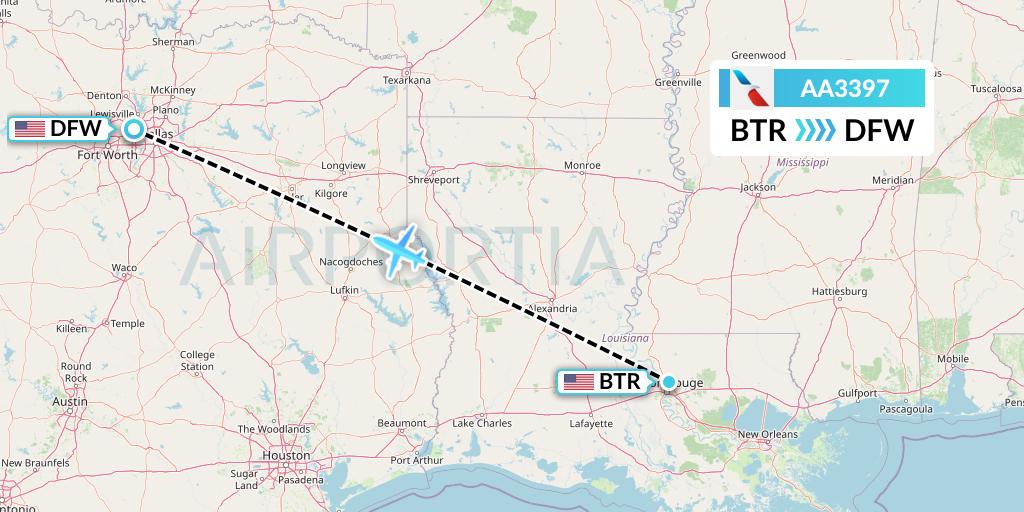 AA3397 American Airlines Flight Map: Baton Rouge to Dallas