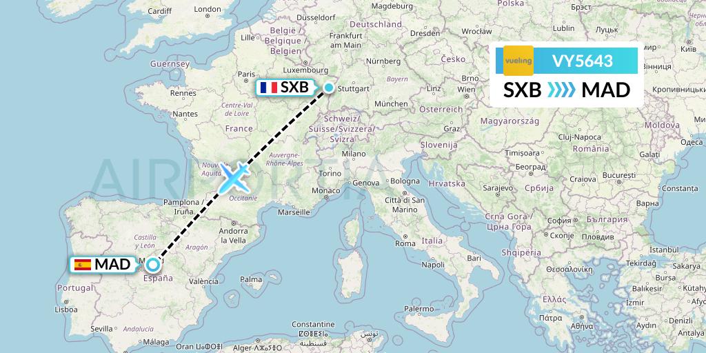 VY5643 Vueling Flight Map: Strasbourg to Madrid