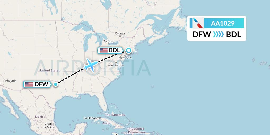 AA1029 American Airlines Flight Map: Dallas to Windsor Locks