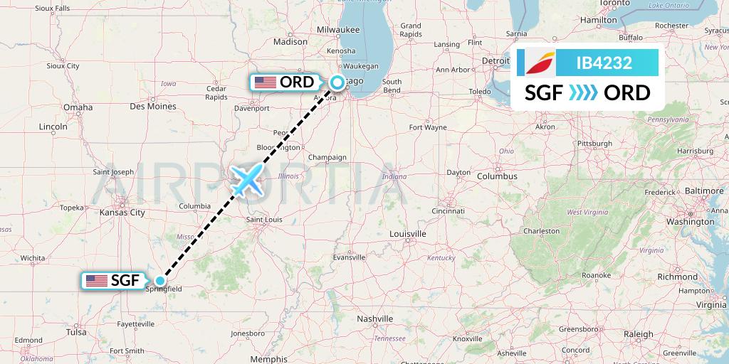 IB4232 Iberia Flight Map: Springfield to Chicago