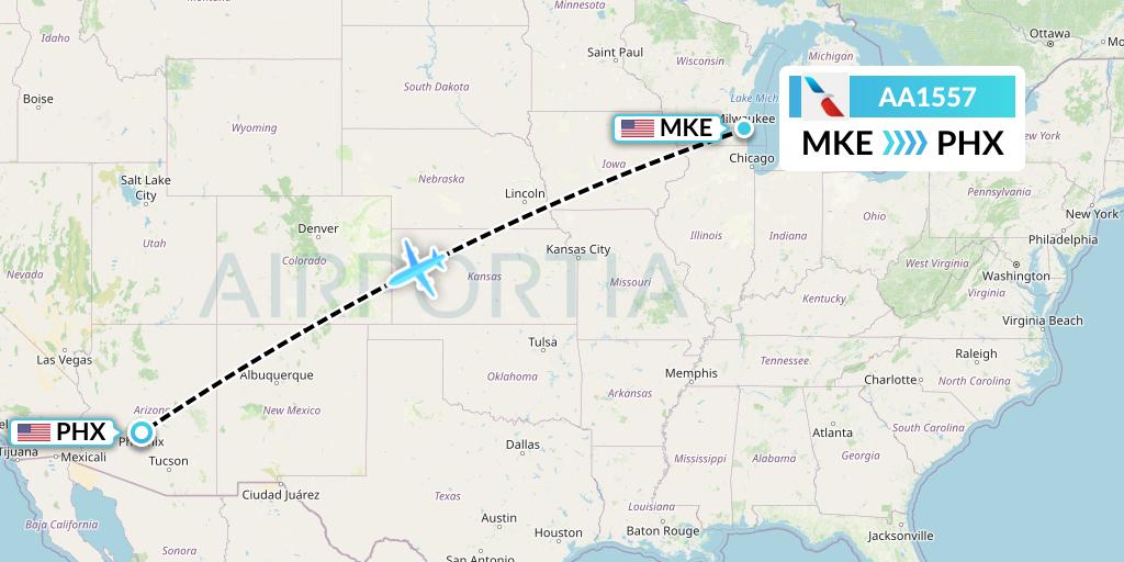 AA1557 American Airlines Flight Map: Milwaukee to Phoenix