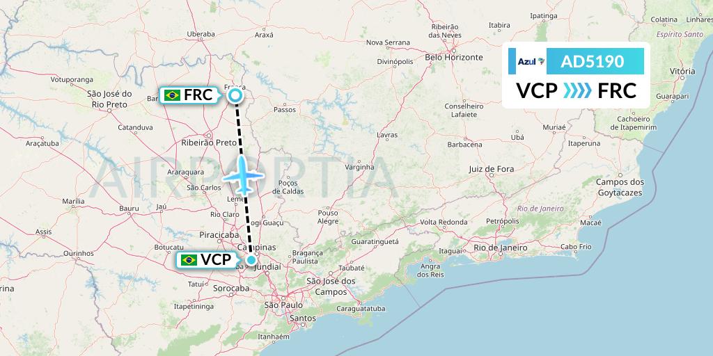 AD5190 Azul Brazilian Airlines Flight Map: Campinas to Franca