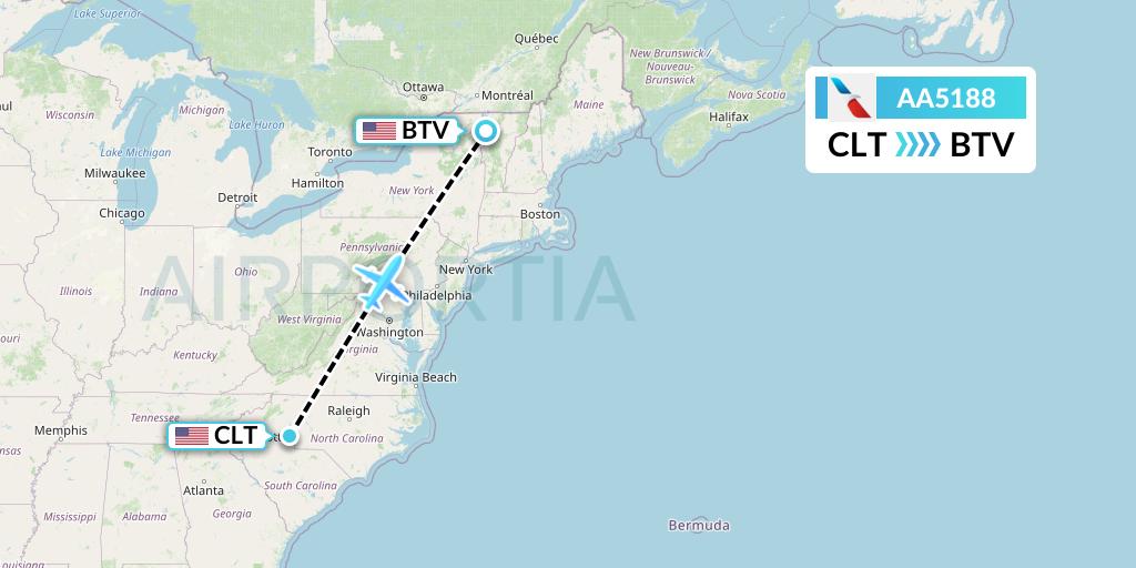 AA5188 American Airlines Flight Map: Charlotte to Burlington
