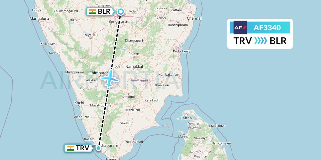 AF3340 Air France Flight Map: Thiruvananthapuram to Bangalore
