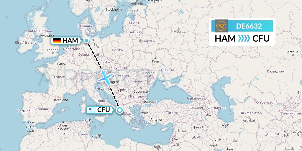 DE6632 Condor Flight Map: Hamburg to Corfu