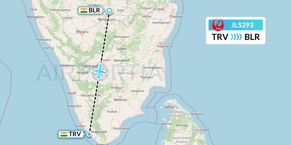 JL5293 Japan Airlines Flight Map: Thiruvananthapuram to Bangalore